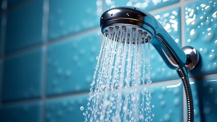 A modern chrome showerhead sprays water onto blue tiles in a bathroom