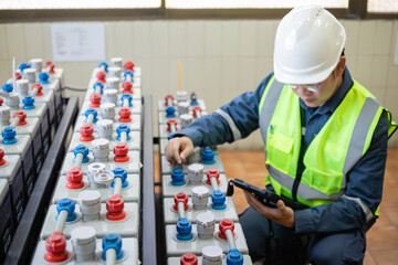 Battery inspection by engineer in substation shows careful stationary equipment check for safety and performance with protective gear and digital tools ensuring reliable operation