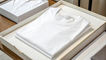 Neatly Folded White T-Shirts in a Stylish Presentation Box on a Wooden Surface