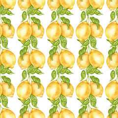 Lemon tree branches with citrus fruits and leaves, a seamless hand-drawn watercolor pattern. Vertical pattern for wallpaper, kitchen textiles, and packaging. Summer juicy fruit print.