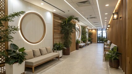 Fototapeta premium Modern and Inviting Lobby Design with Natural Elements and Soft Lighting for a Cozy Atmosphere