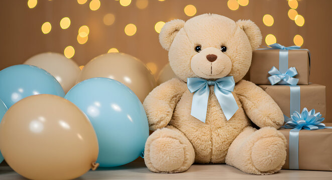 Adorable teddy bear with presents and balloons, perfect for baby shower or birthday announcements, creating heartwarming memories. - Powered by Adobe