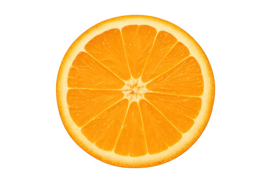 Ripe orange slice exposing glistening pulp segments, backlit against transparent backdrop