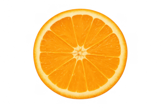 Ripe orange slice exposing glistening pulp segments, backlit against transparent backdrop