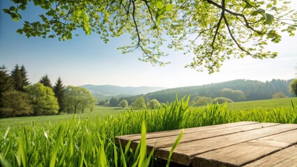 Fototapeta premium Tranquil Landscape Scene with Wooden Plank Surrounded by Lush Green Grass and Trees