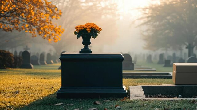 A misty cemetery with a box resting beside an open grave, capturing the quiet finality of burial