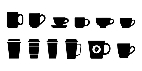 Set of Coffee and Tea Cup Icons. Various Mug, Teacup, and Takeaway Cup Silhouettes for Cafe, Restaurant, and Beverage Design