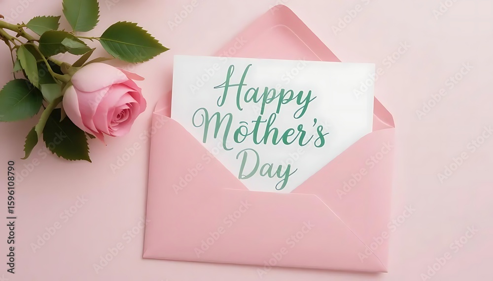 Fototapete a soft and elegant flat-lay illustration of a pink envelope with a white greeting card that says 'ha