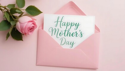 A soft and elegant flat-lay illustration of a pink envelope with a white greeting card that says 'Happy Mother's Day' in green cursive font