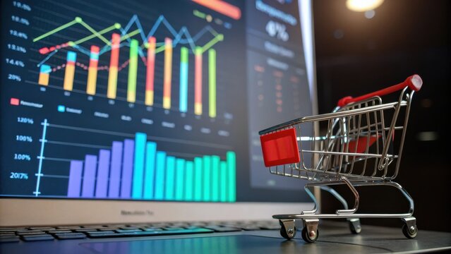Shopping Cart on Laptop Screen with Colorful Graphs and Data Analysis Background