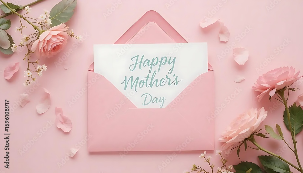 Fototapete a soft and elegant flat-lay illustration of a pink envelope with a white greeting card that says 'ha