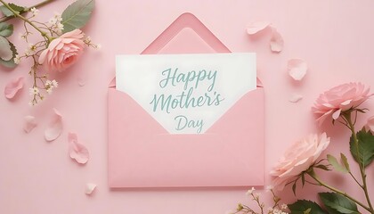 A soft and elegant flat-lay illustration of a pink envelope with a white greeting card that says 'Happy Mother's Day' in green cursive font