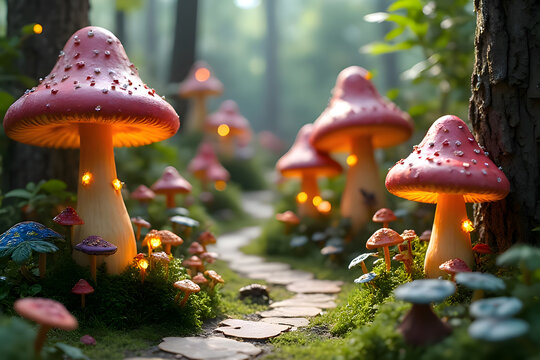 Enchanted Fairy Village in a Magical Mushroom Forest at Night