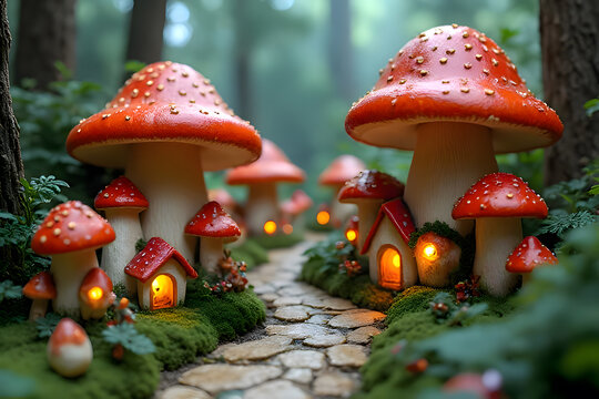 Enchanted Fairy Village in a Magical Mushroom Forest at Night