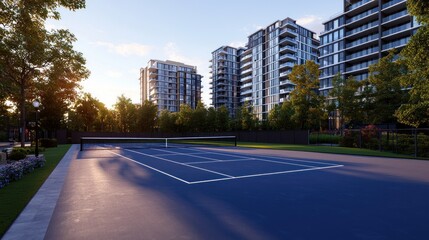 Obraz premium Modern living: Tennis court with residential buildings in a tranquil neighborhood