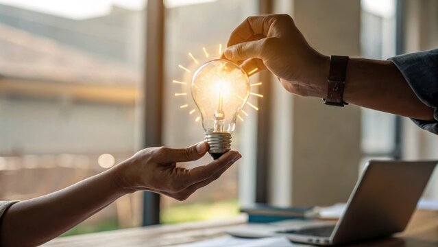 Creative collaboration concept with hands exchanging light bulb and glowing idea energy - Powered by Adobe