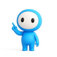 A cute blue character points a finger upwards, indicating or suggesting.