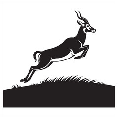 Black And White Vector Illustration Of An Impala Jumping Gracefully Over Grassland.