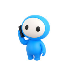 A cute blue character holds a black smartphone to its ear, making a call.