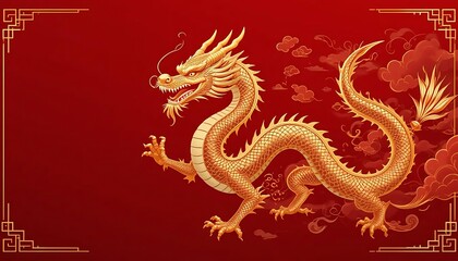 Fototapeta premium A majestic Chinese dragon illustrated in a traditional Asian style on red background
