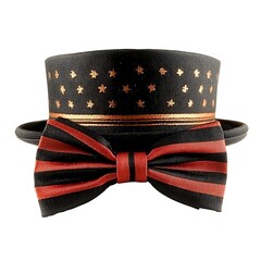 Elegant black top hat adorned with a red and black striped bow tie isolated on white background