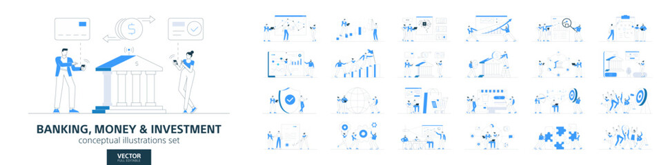 Banking, money and economic. Flat vector line illustrations of business people work. Stock market infographic, financial growth, payment concepts. Trade, invest, graph chart, budget planning icon set