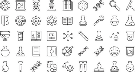 Collection of black and white line icons for science, laboratory, and research