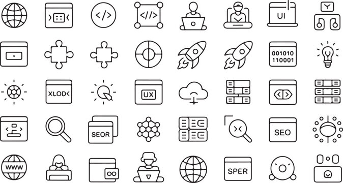 Modern thin line icon set for software development, SEO, and digital marketing