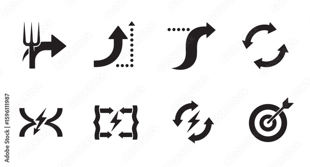 Poster abstract arrow icon set depicting direction change process cycles and targeting for design