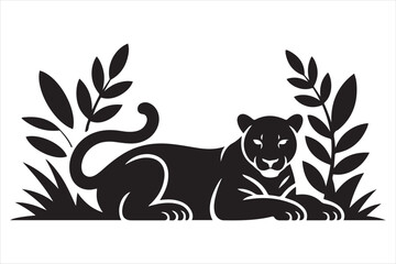 Black Panther Illustration Lying In Grass With Leaves Isolated Vector Graphic.