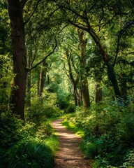 Fototapeta premium Forest nature trail surrounded by vibrant green trees