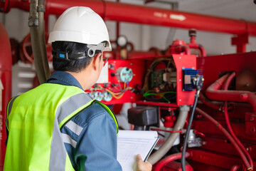 Engineer wearing safety helmet and reflective vest performing inspection on fire pump generator...