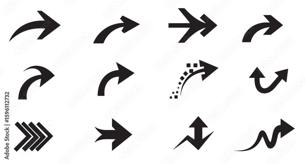 Poster collection of black arrow icons in various styles for directional navigation and design