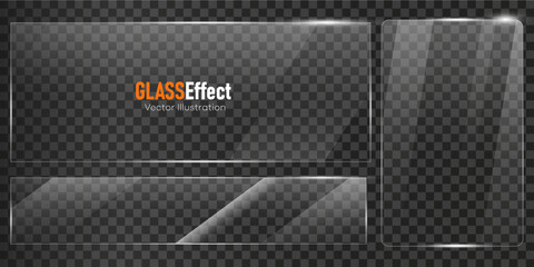Glass plate frame Glossy window glass with reflections isolated on transparent surface	