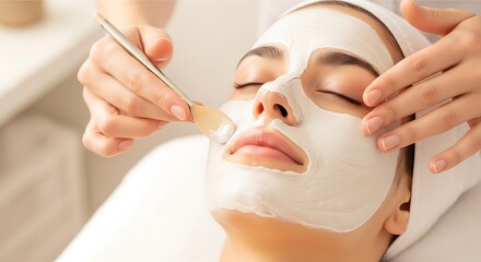 Woman receiving a soothing facial treatment with a white sheet mask and gentle hands