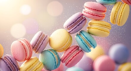 Obraz premium Assortment of colorful french macarons cascading in a delightful sweet dessert arrangement