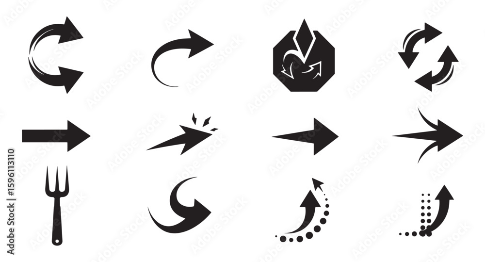 Poster collection of diverse black arrow icons representing direction and navigation concepts.