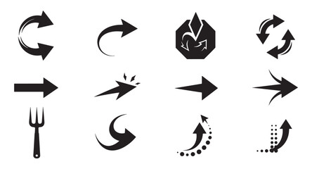 Collection of diverse black arrow icons representing direction and navigation concepts.