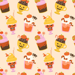 Halloween cocktails and desserts with a seamless pattern