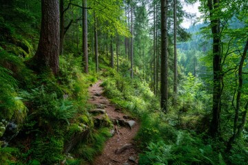 Fototapeta premium Forest nature trail surrounded by vibrant green trees