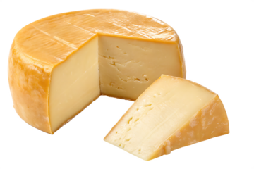 Solid cream-colored cheddar cheese block with smooth slice on AI generated by PNG