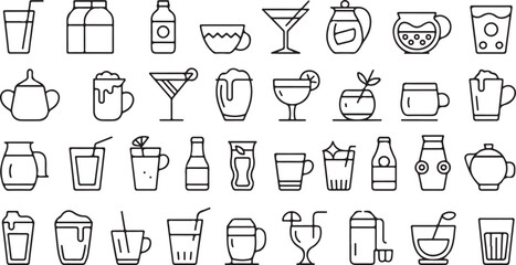 A collection of minimalist line art beverage icons, including coffee, tea, and cocktails.