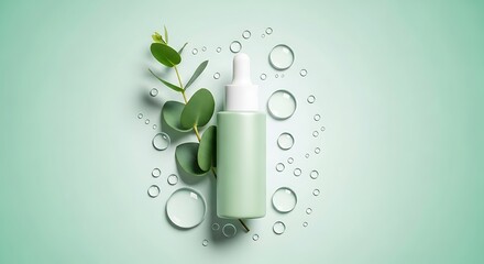Green dropper bottle with eucalyptus leaves and water droplets on a light green background