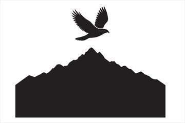 Eagle Silhouette Flying Above Mountain Range Black And White Nature Graphic.