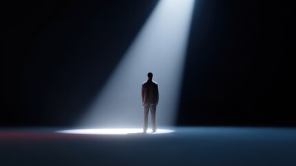 Obraz premium Conceptual image: A spotlight illuminating a human figure standing before a blank canvas, endless creative potential. Opportunity, imagination. Dramatic, hopeful.