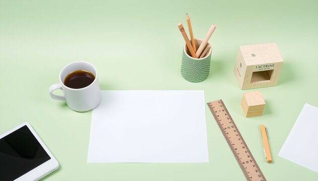minimalist desk, white paper, black coffee mug, pencils in glass cup, ruler, tablet device, light green background
 - Powered by Adobe