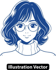 Charming Anime Girl Illustration with Glasses and Turtleneck - Cute Cartoon Female Character Portrait