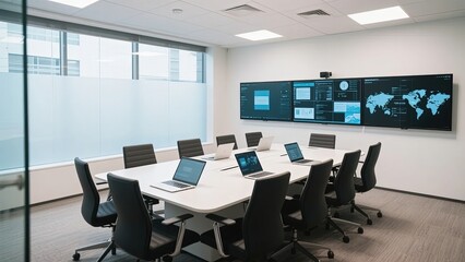 Modern conference room with large display screens showing data analytics and world map