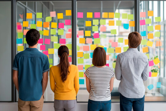 Team of four people brainstorming ideas in front of glass wall covered with colorful sticky notes in office