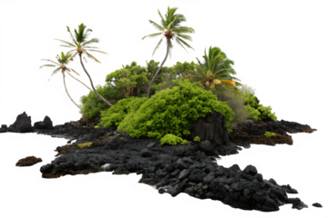 Tiny volcanic island with vivid green plants and jagged black rocks on AI Generated by PNG